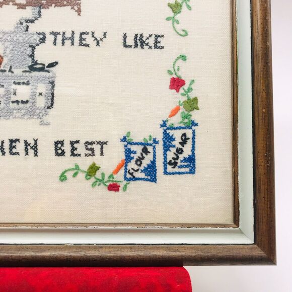 Vintage Framed Needlework Rustic Primitive Wall Decor 15 x 12 Inches - Picture 2 of 10